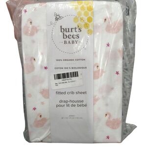 NEW Burt's Bees Baby Organic Cotton Fitted Crib Sheet Swan Jersey Pink White